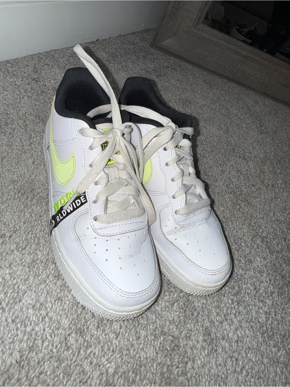 Nike Kids White Sneakers with Neon Green Swoosh